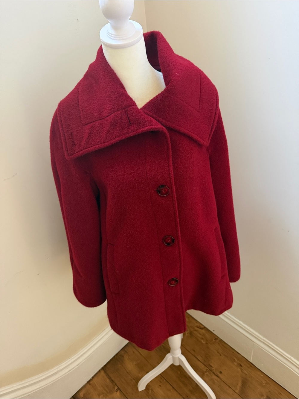 Hilary Radley Red Medium Wool-Mohair Pea Coat with Wide Collar